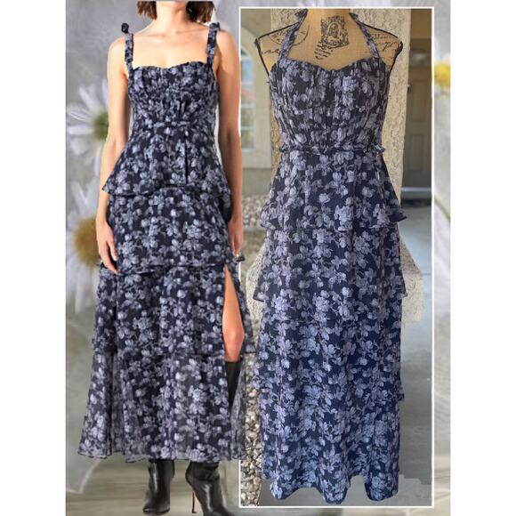 ASTR the Label Navy & Grey Floral Mellorie Dress Size L - Picture 2 of 9
